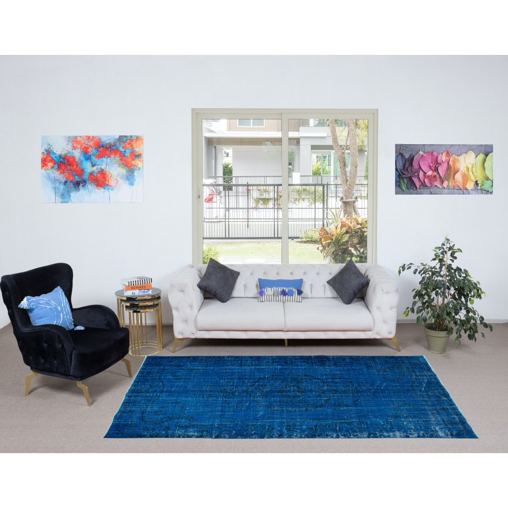 Overdyed Wool Blue Area Rug, Handmade in Turkey, Modern Upcycled Carpet