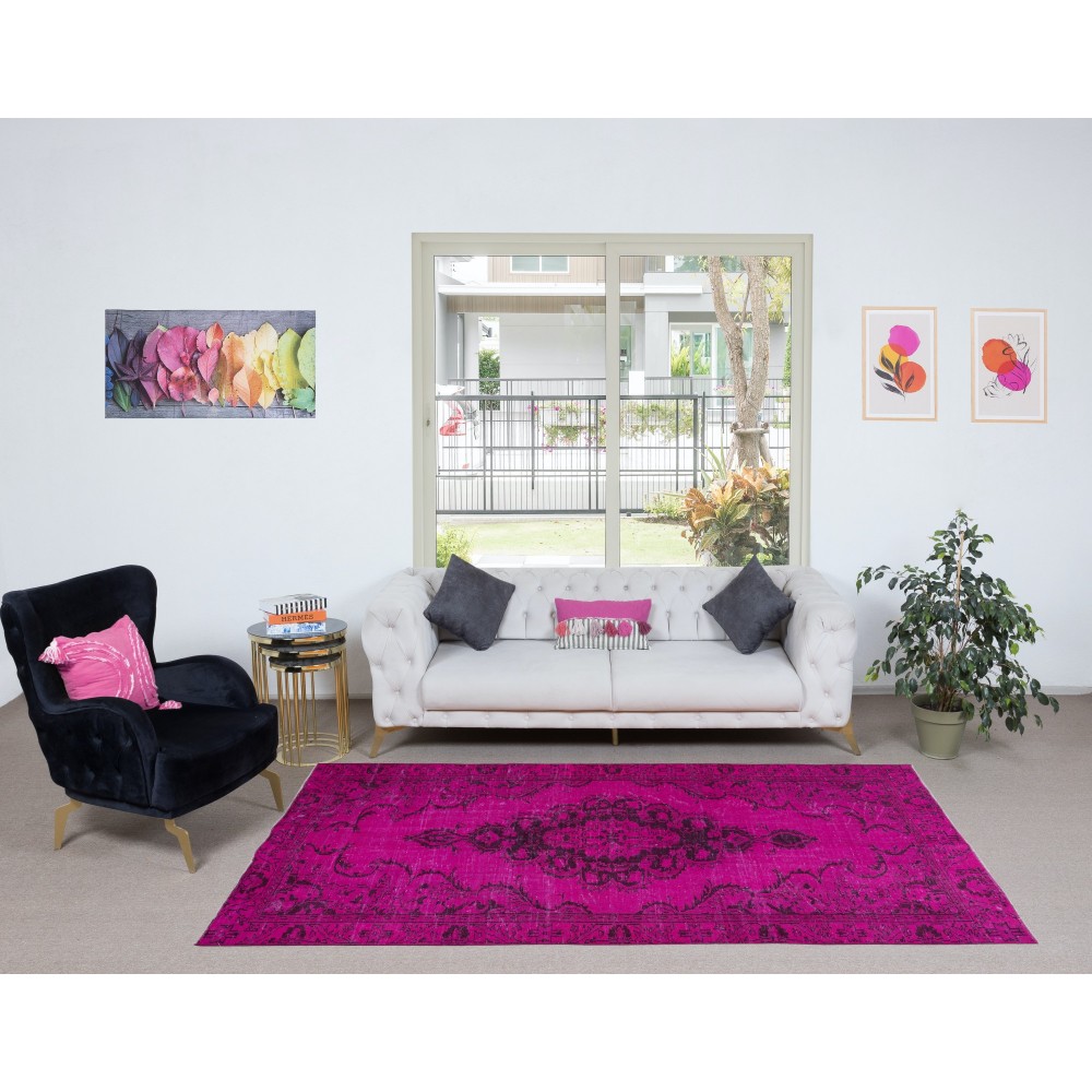 Contemporary Hot Pink Handmade Turkish Area Rug with Medallion