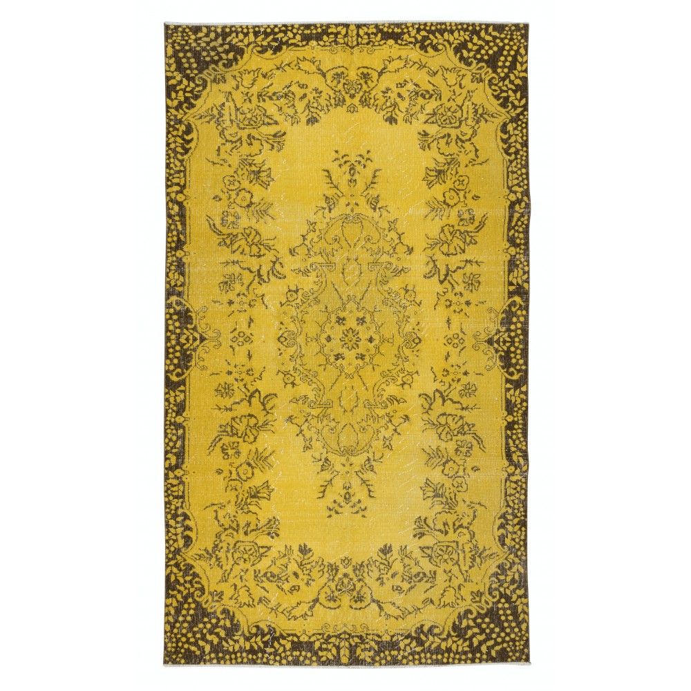 Decorative Yellow Handmade Room Size Rug, Upcycled Turkish Carpet with Medallion Design