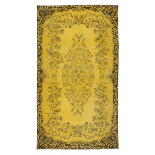 Decorative Yellow Handmade Room Size Rug, Upcycled Turkish Carpet with Medallion Design