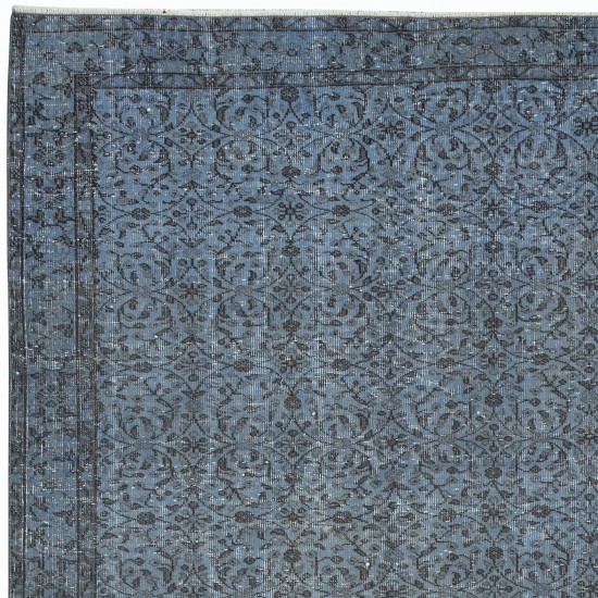 Handmade Floral Pattern Turkish Area Rug Over-Dyed in Sky Blue