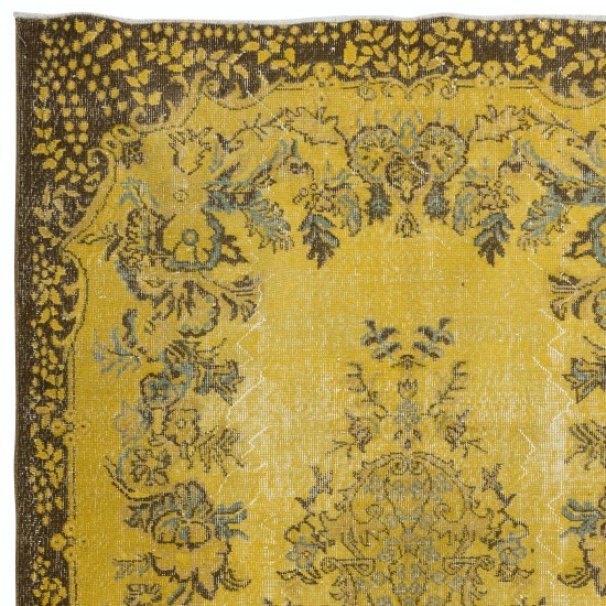 Contemporary Living Room Carpet in Yellow, Hand Knotted Turkish Area Rug with Medallion Design