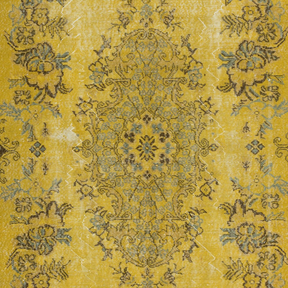 Contemporary Living Room Carpet in Yellow, Hand Knotted Turkish Area Rug with Medallion Design