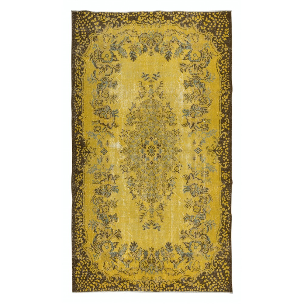 Contemporary Living Room Carpet in Yellow, Hand Knotted Turkish Area Rug with Medallion Design