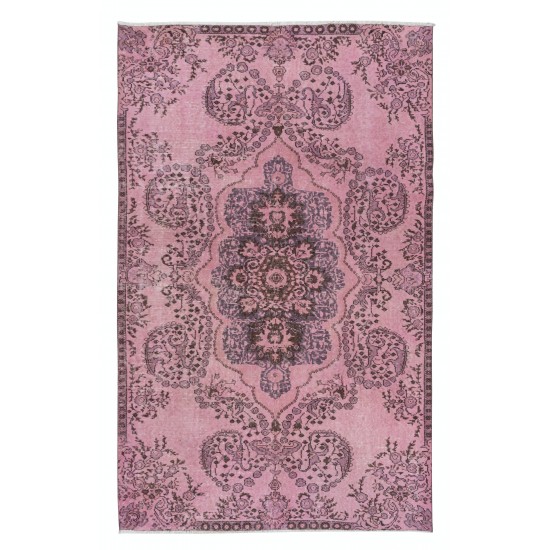 Rustic Turkish Medallion Design Area Rug. Light Pink Handmade Carpet for Modern Home and Office