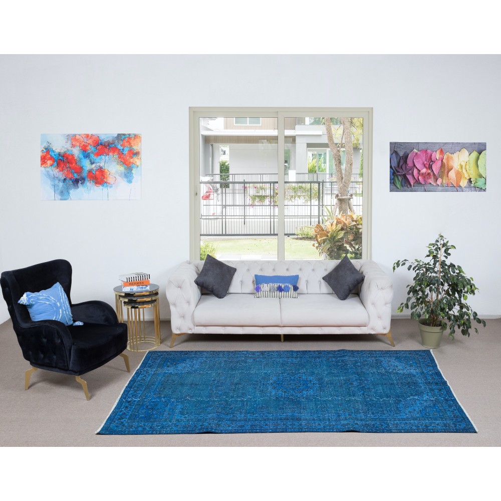 Blue Modern Area Rug, Room-Size Overdyed Carpet, Handmade Living Room Carpet in Egyptian Blue