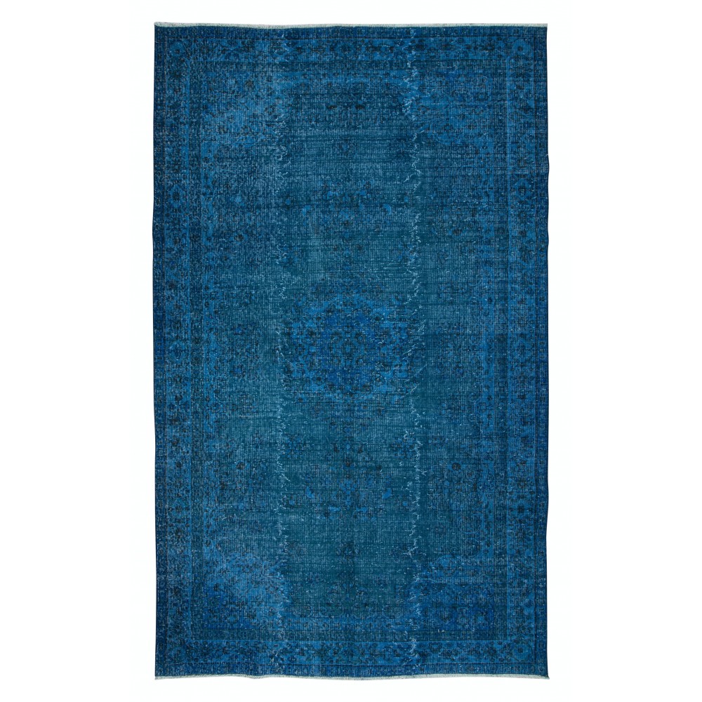 Blue Modern Area Rug, Room-Size Overdyed Carpet, Handmade Living Room Carpet in Egyptian Blue