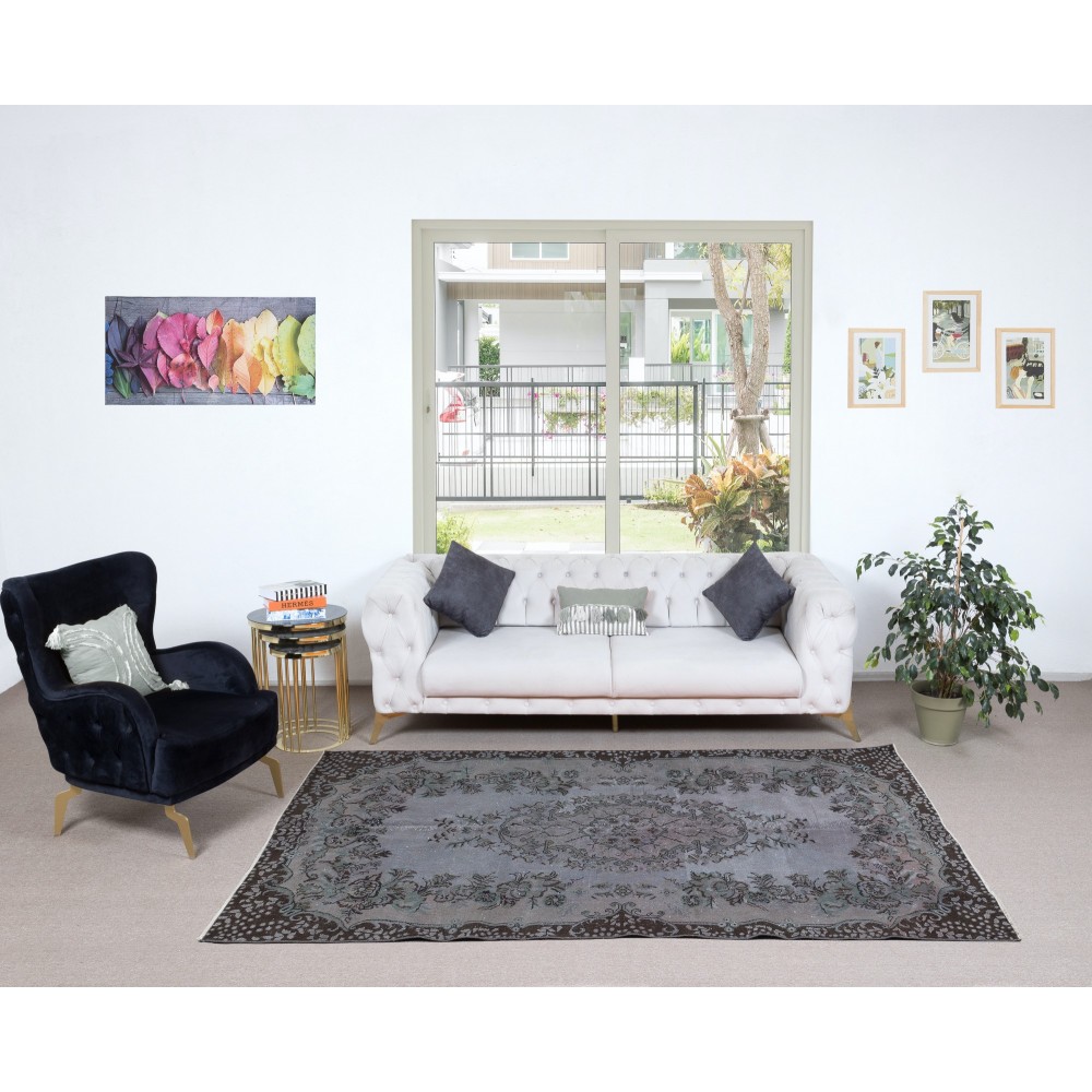 Hand Knotted Rug with Floral Medallion, Gray Modern Turkish Carpet for Living Room Decor, Boho Rug