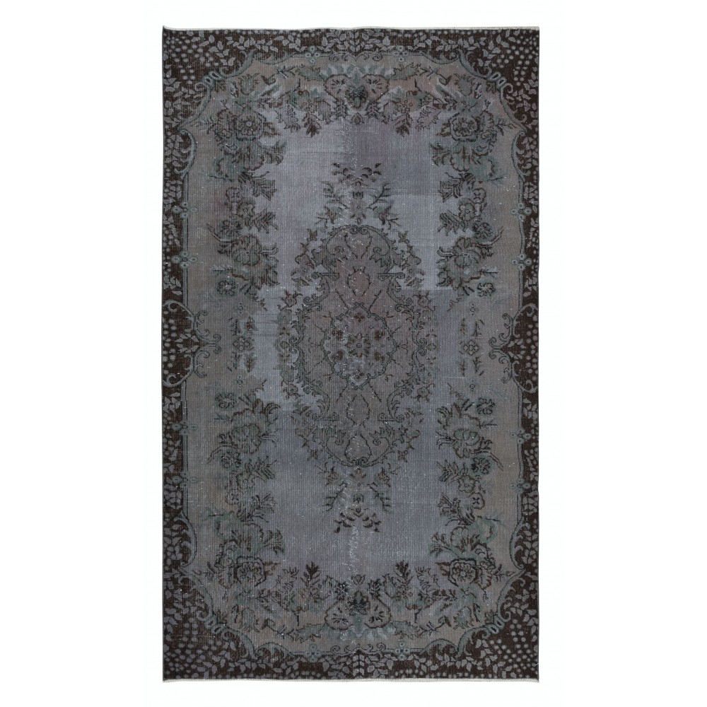 Hand Knotted Rug with Floral Medallion, Gray Modern Turkish Carpet for Living Room Decor, Boho Rug