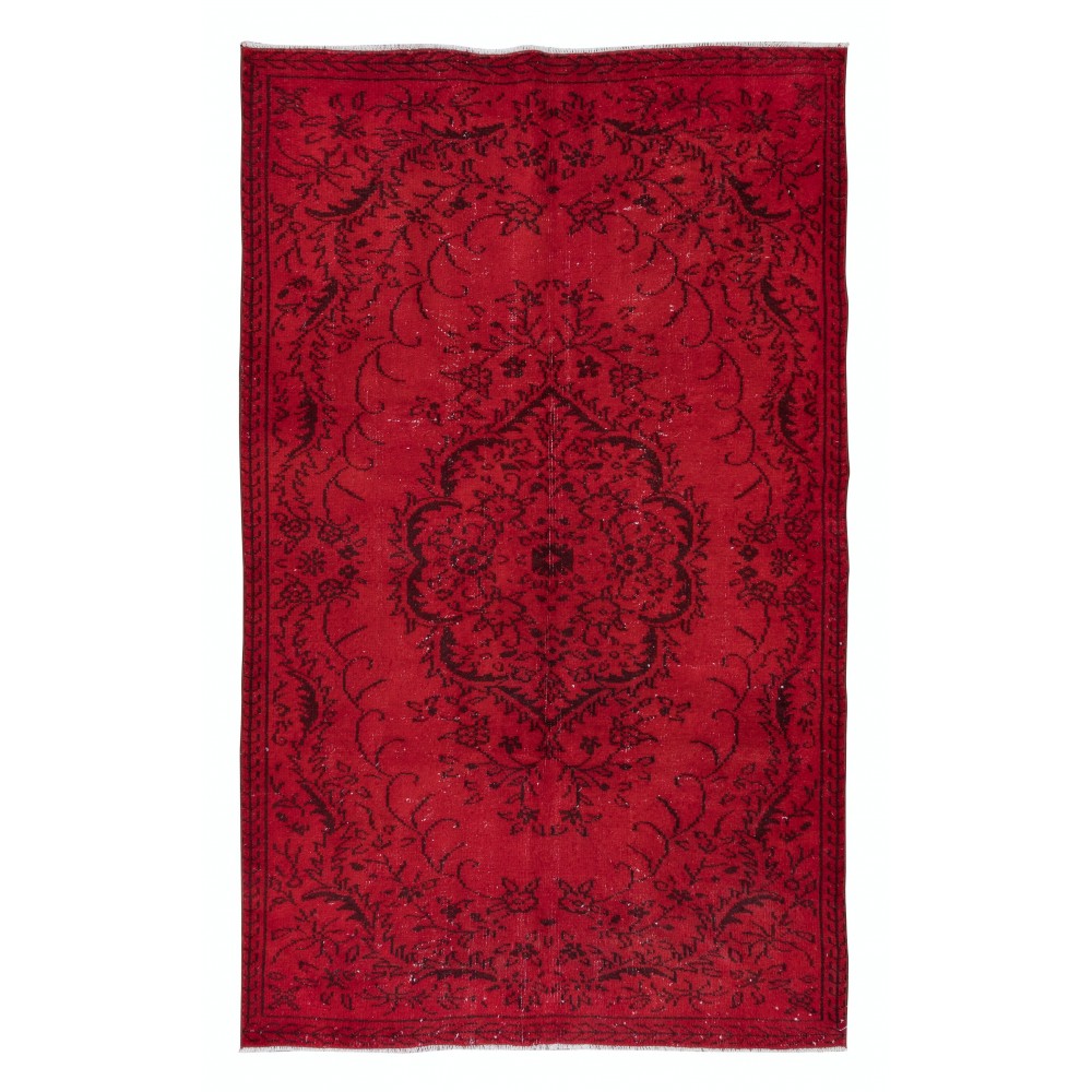 Red Floor Area Rug for Modern Interiors, Hand Knotted in Central Anatolia, Woolen Floor Covering