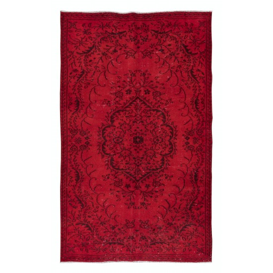 Red Floor Area Rug for Modern Interiors, Hand Knotted in Central Anatolia, Woolen Floor Covering