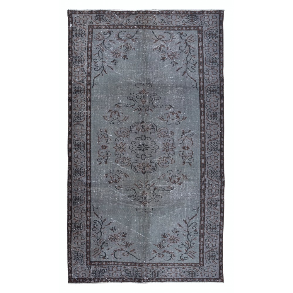 Modern Gray Handmade Area Rug, Turkish Carpet with Medallion Design
