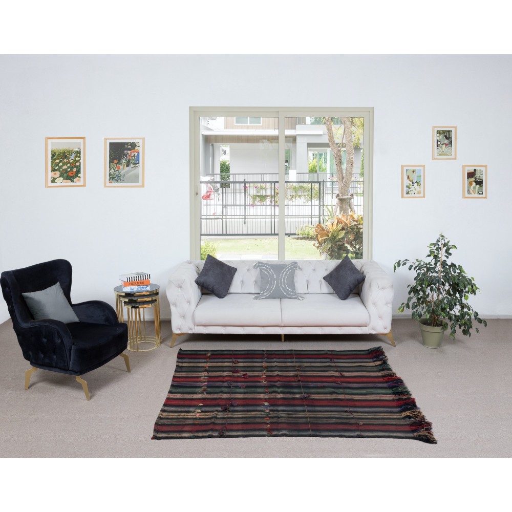Hand-Woven Striped Kilim, Vintage Flat-Weave Anatolian Rug