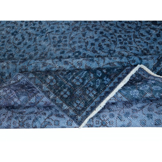 Hand-Made Ocean Blue Rug with All-Over Flower Design, Royal Blue Modern Turkish Carpet, Rugs for Dining room