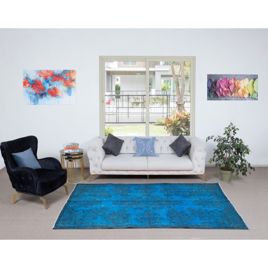 Blue Modern Area Rug from Turkey, Room Size Overdyed Carpet, Handmade Living Room Carpet in Sapphire Blue