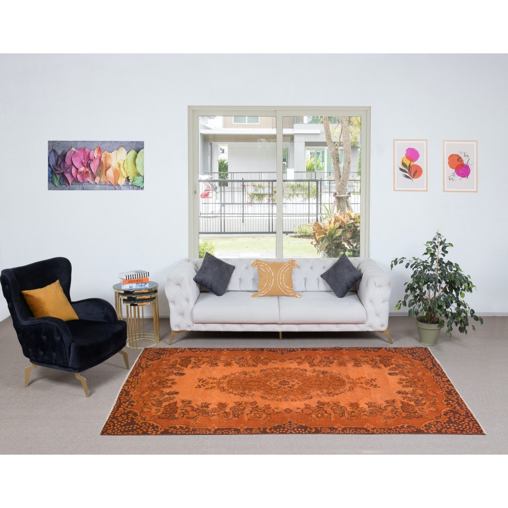 Handmade Turkish Orange Rug, Modern Medallion Design Carpet, Bohemian Home Decor