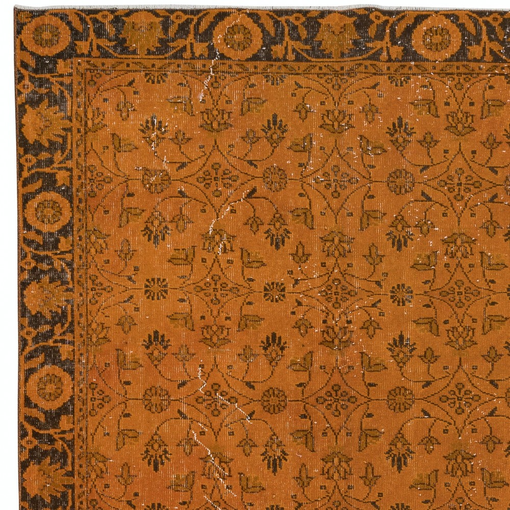 Orange Handmade Turkish Rug with All-Over Botanical Design