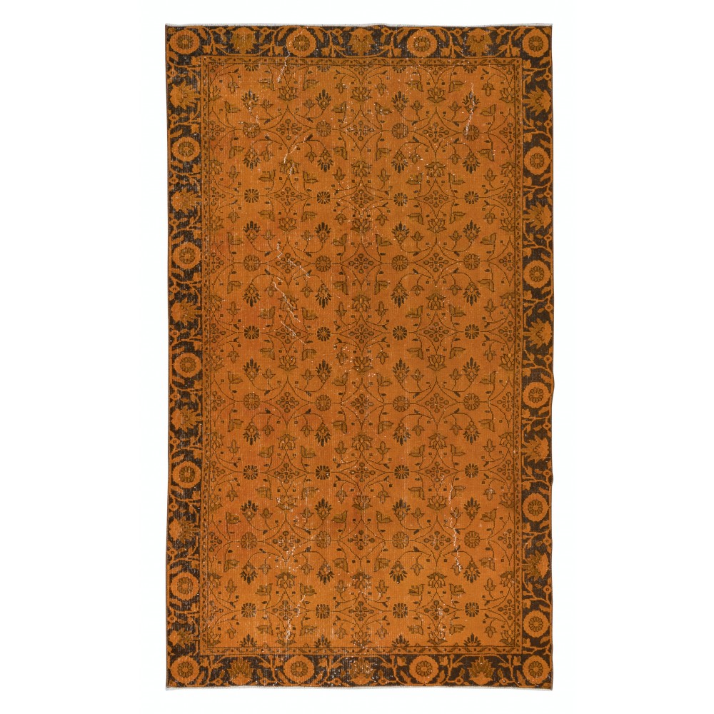 Orange Handmade Turkish Rug with All-Over Botanical Design