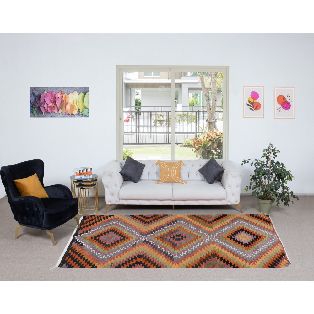 Colorful Flat-Weave Turkish Kilim, All Wool, Vintage Diamond Design Rug