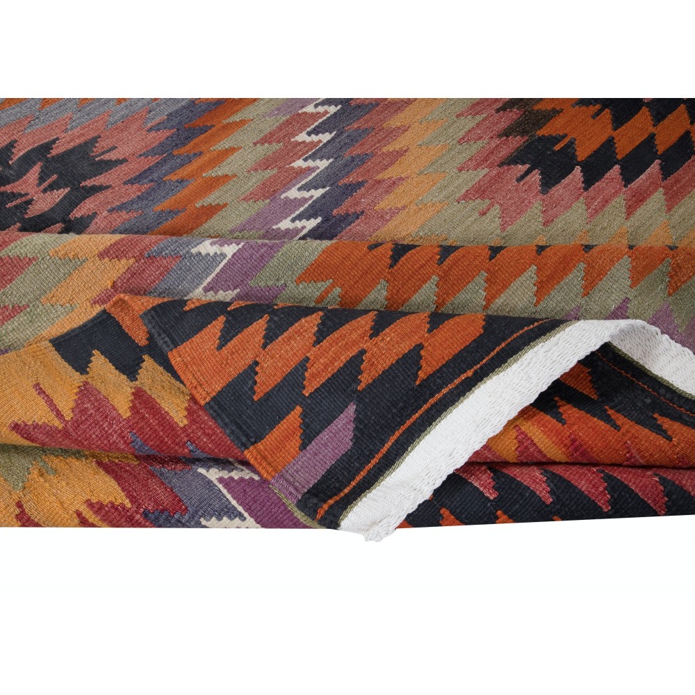 Colorful Flat-Weave Turkish Kilim, All Wool, Vintage Diamond Design Rug
