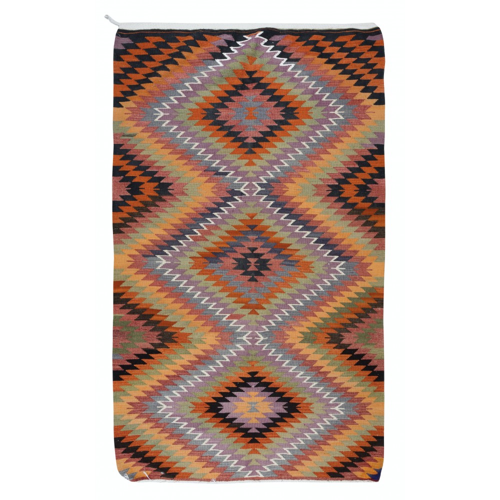Colorful Flat-Weave Turkish Kilim, All Wool, Vintage Diamond Design Rug