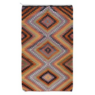 Colorful Flat-Weave Turkish Kilim, All Wool, Vintage Diamond Design Rug
