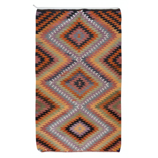 Colorful Flat-Weave Turkish Kilim, All Wool, Vintage Diamond Design Rug