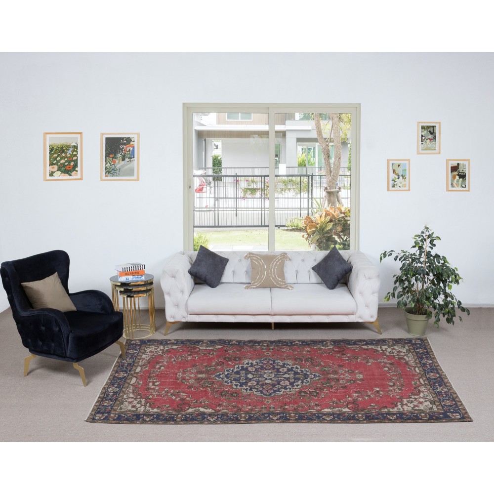 Unique Vintage Handmade Turkish Medallion Design Rug in Red, Beige and Dark Blue