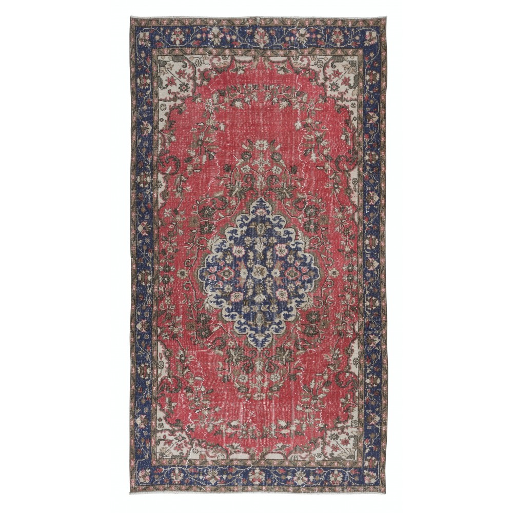 Unique Vintage Handmade Turkish Medallion Design Rug in Red, Beige and Dark Blue
