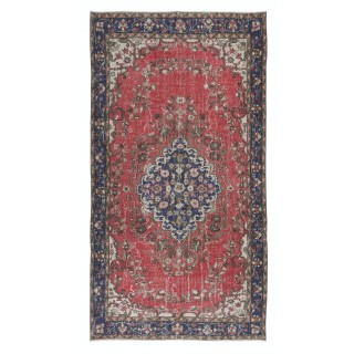 Unique Vintage Handmade Turkish Medallion Design Rug in Red, Beige and Dark Blue