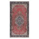 Unique Vintage Handmade Turkish Medallion Design Rug in Red, Beige and Dark Blue