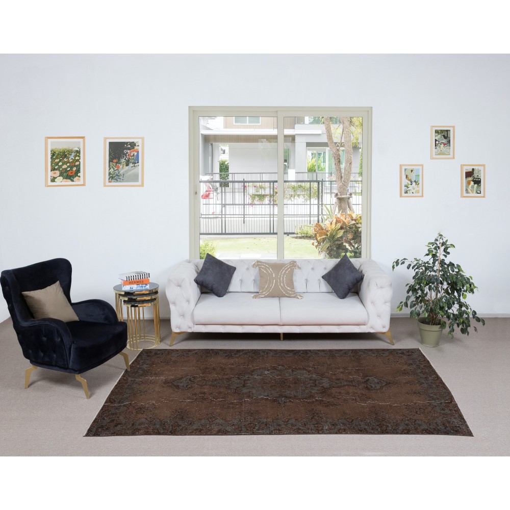 Brown Handmade Area Rug for Modern Interiors, Vintage Turkish Wool Carpet