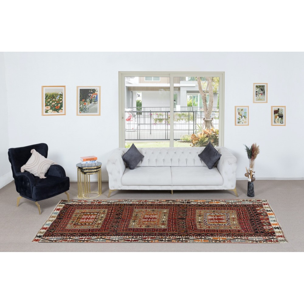 Vintage Striped Handwoven Turkish Kilim 'Flat Weave' with Geometric Patterns, All Wool