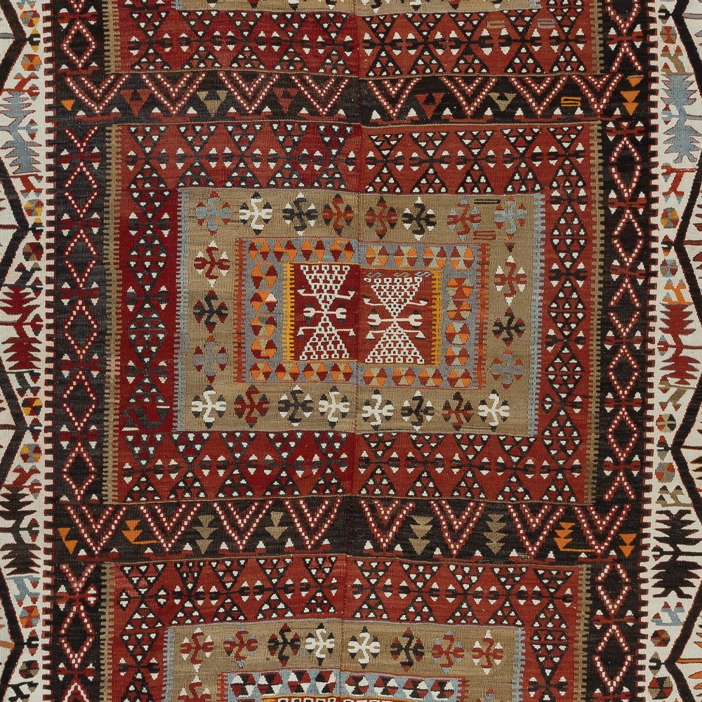 Vintage Striped Handwoven Turkish Kilim 'Flat Weave' with Geometric Patterns, All Wool