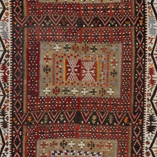 Vintage Striped Handwoven Turkish Kilim 'Flat Weave' with Geometric Patterns, All Wool