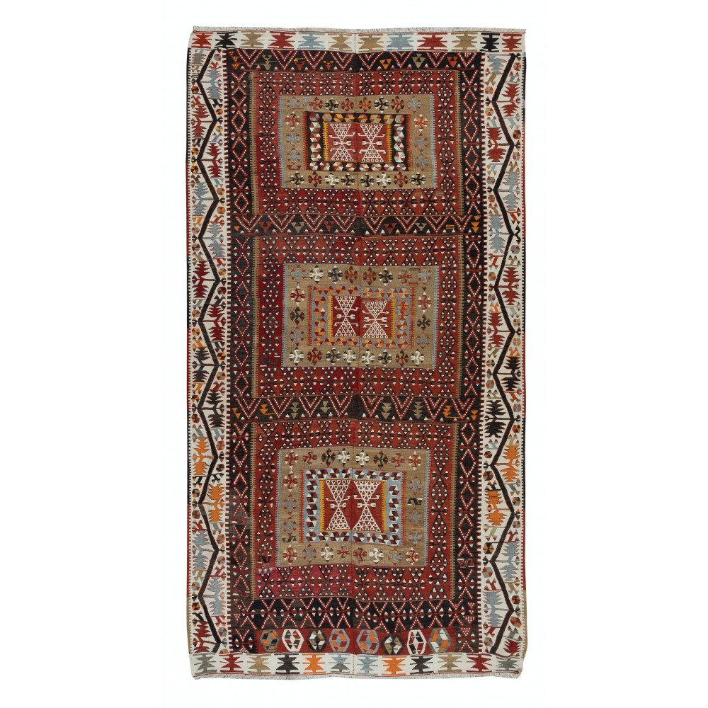 Vintage Striped Handwoven Turkish Kilim 'Flat Weave' with Geometric Patterns, All Wool