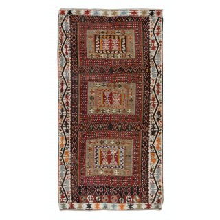 Vintage Striped Handwoven Turkish Kilim 'Flat Weave' with Geometric Patterns, All Wool