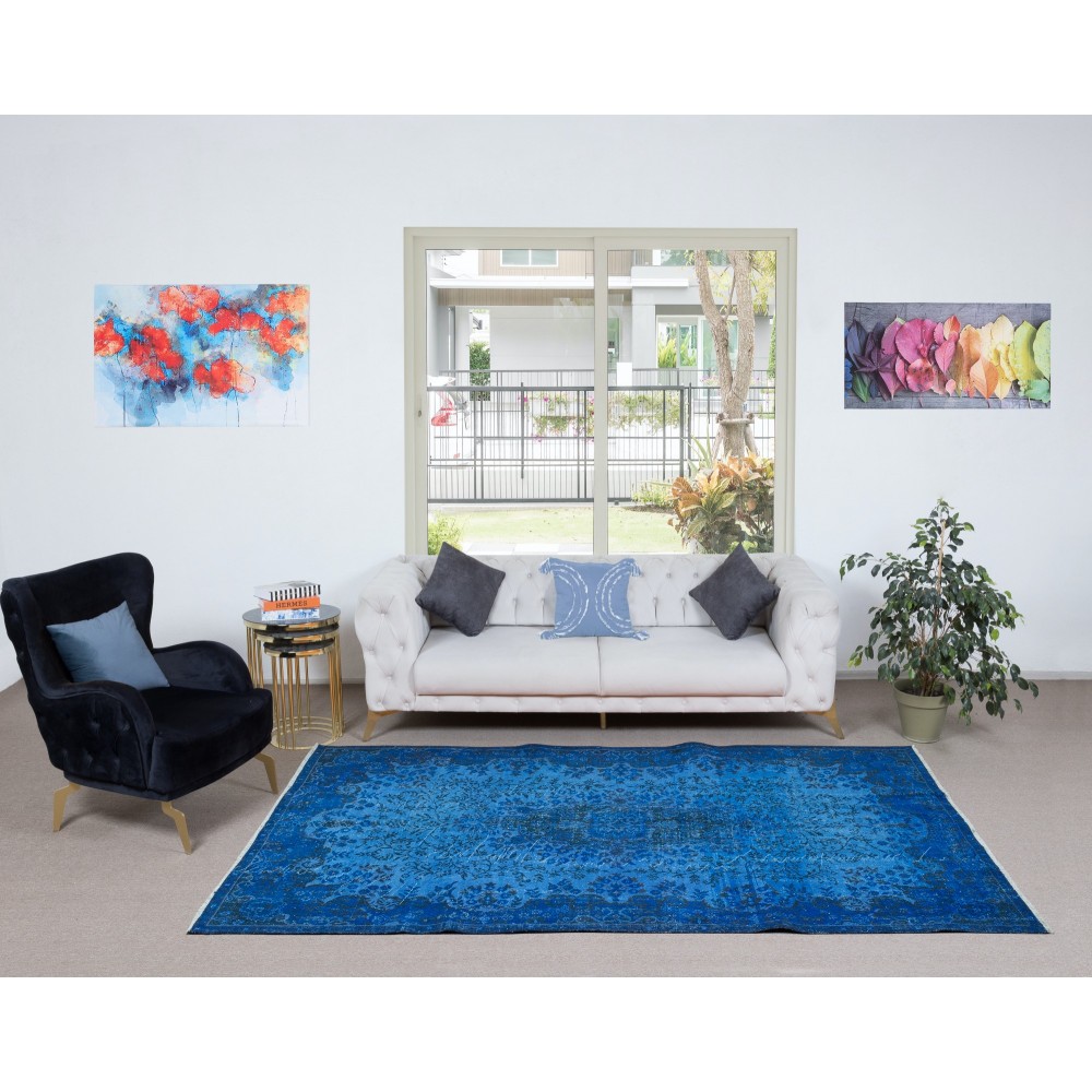 Blue Handmade Turkish Area Rug for Living Room, Entrance, Bedroom, Dining Room & Kids Room