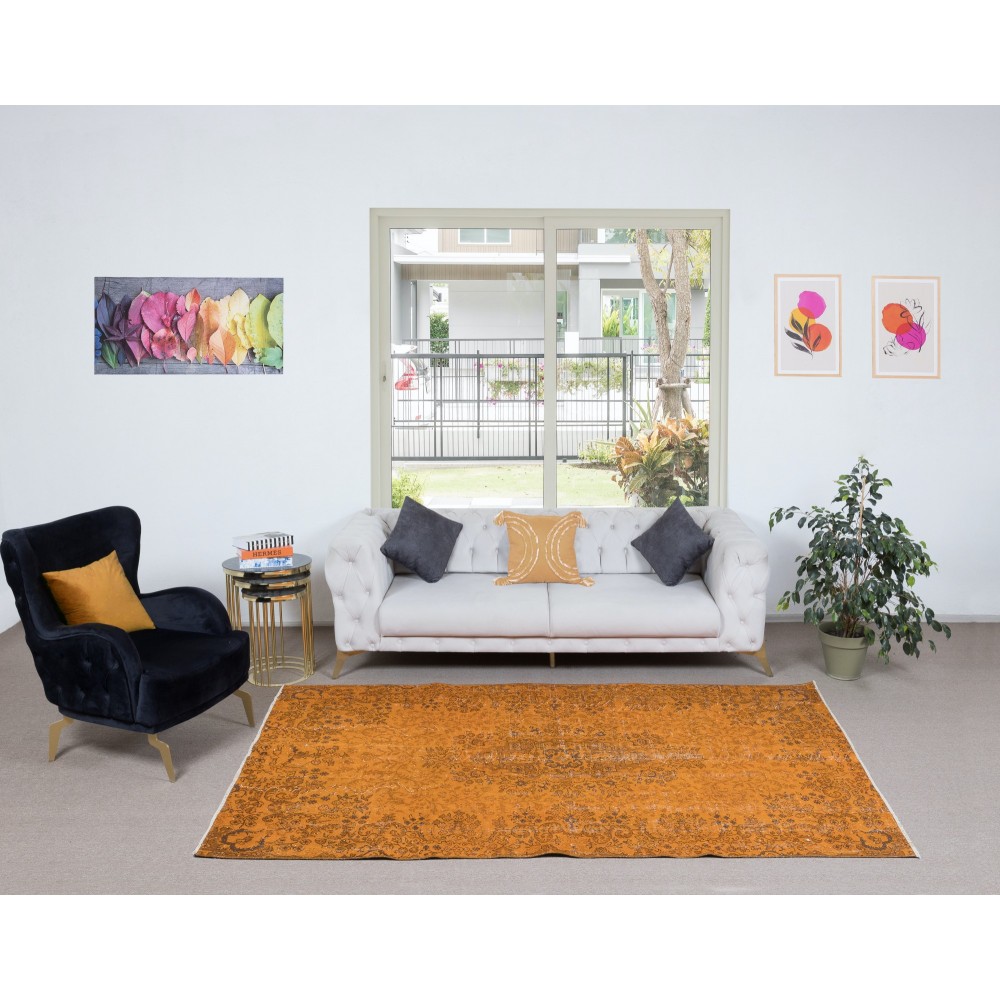 Contemporary Turkish Area Rug, Orange Handmade Carpet, Woolen Floor Covering