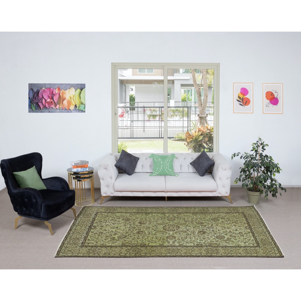 Modern Handmade Turkish Rug with All-Over Botanical Design and Green Background