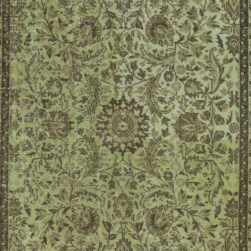 Modern Handmade Turkish Rug with All-Over Botanical Design and Green Background