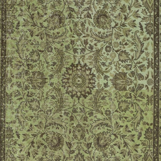 Modern Handmade Turkish Rug with All-Over Botanical Design and Green Background