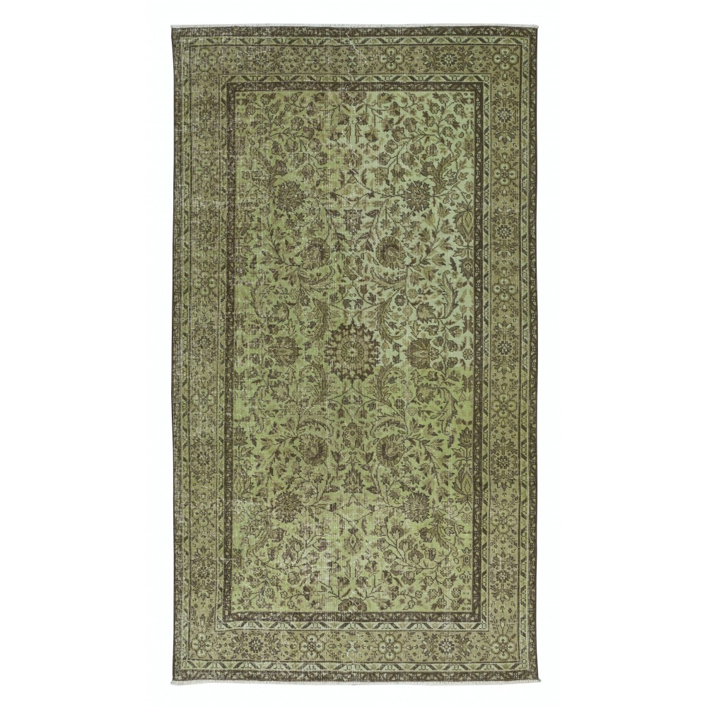 Modern Handmade Turkish Rug with All-Over Botanical Design and Green Background
