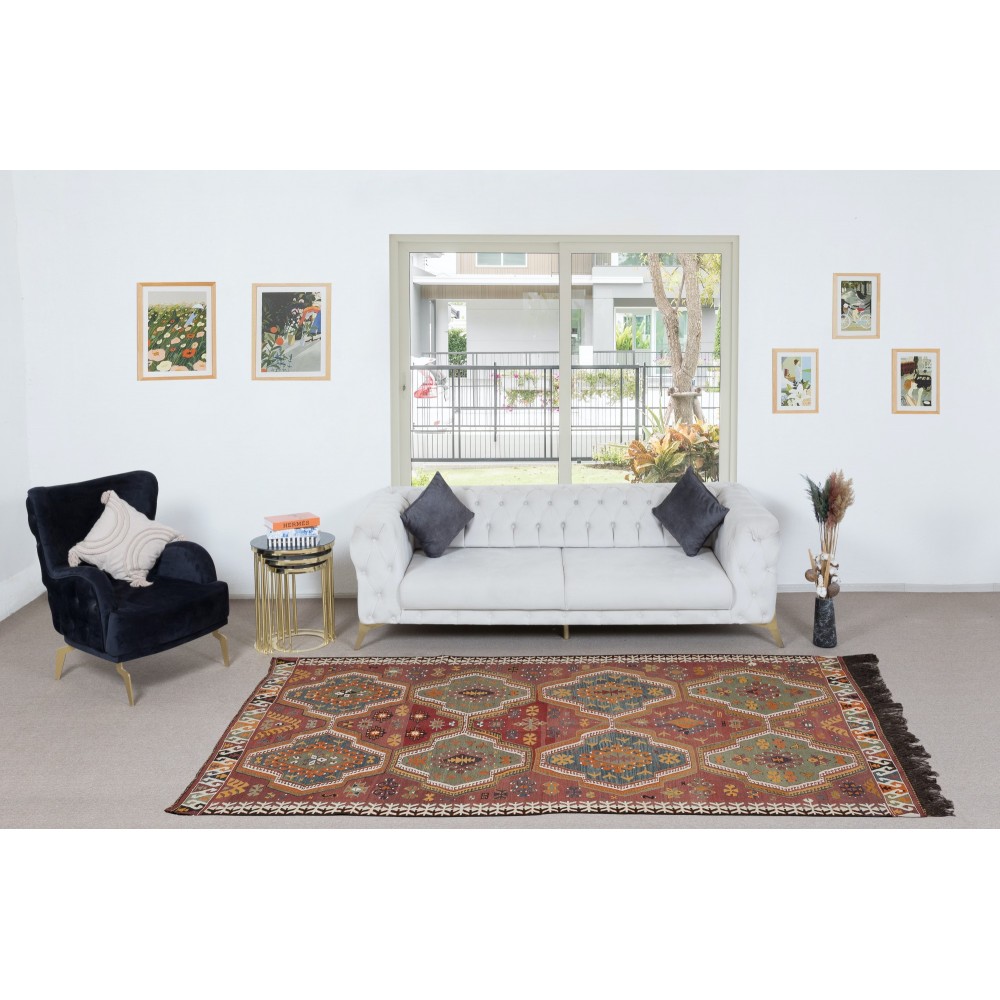 One-of-a-kind Vintage Handwoven Turkish Wool Kilim 'Flat Weave' with Geometric Patterns