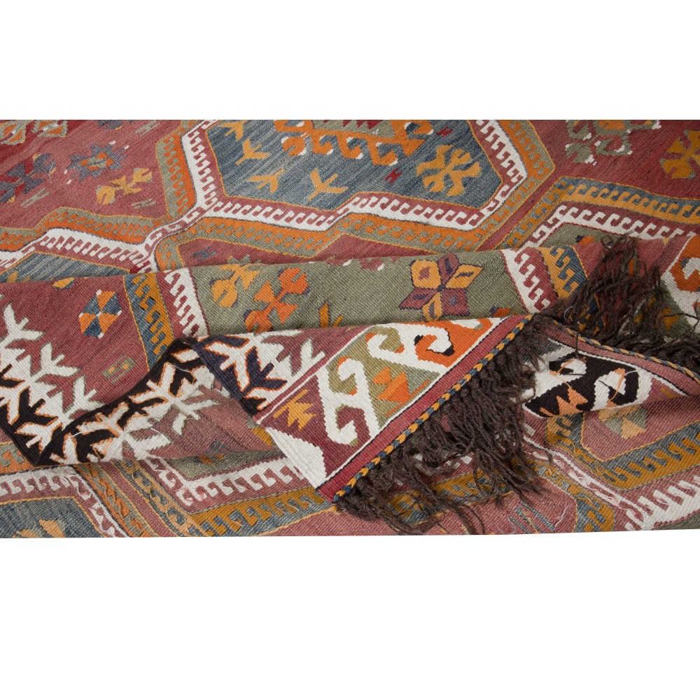 One-of-a-kind Vintage Handwoven Turkish Wool Kilim 'Flat Weave' with Geometric Patterns