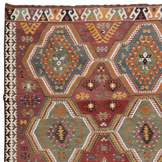 One-of-a-kind Vintage Handwoven Turkish Wool Kilim 'Flat Weave' with Geometric Patterns