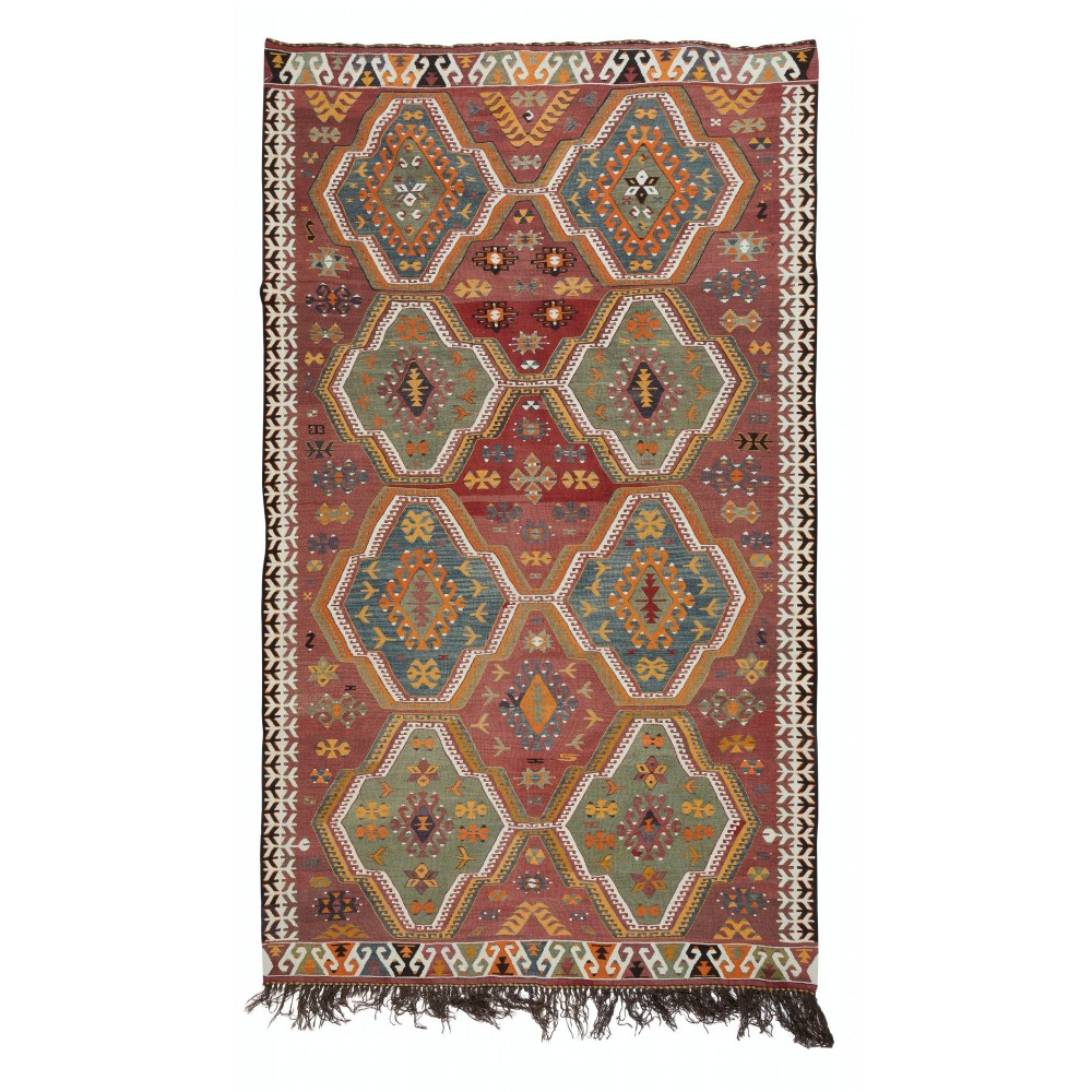 One-of-a-kind Vintage Handwoven Turkish Wool Kilim 'Flat Weave' with Geometric Patterns