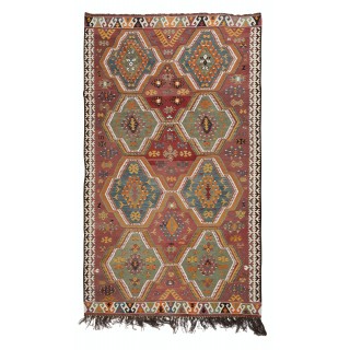 One-of-a-kind Vintage Handwoven Turkish Wool Kilim 'Flat Weave' with Geometric Patterns