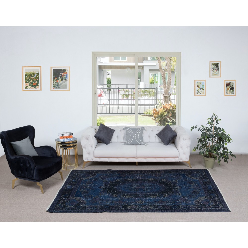 French Aubusson Rug in Navy Blue, Handmade Turkish Carpet in Dark Blue