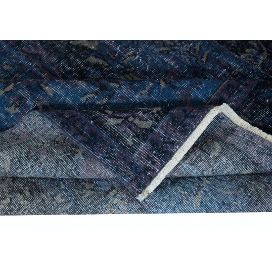 French Aubusson Rug in Navy Blue, Handmade Turkish Carpet in Dark Blue